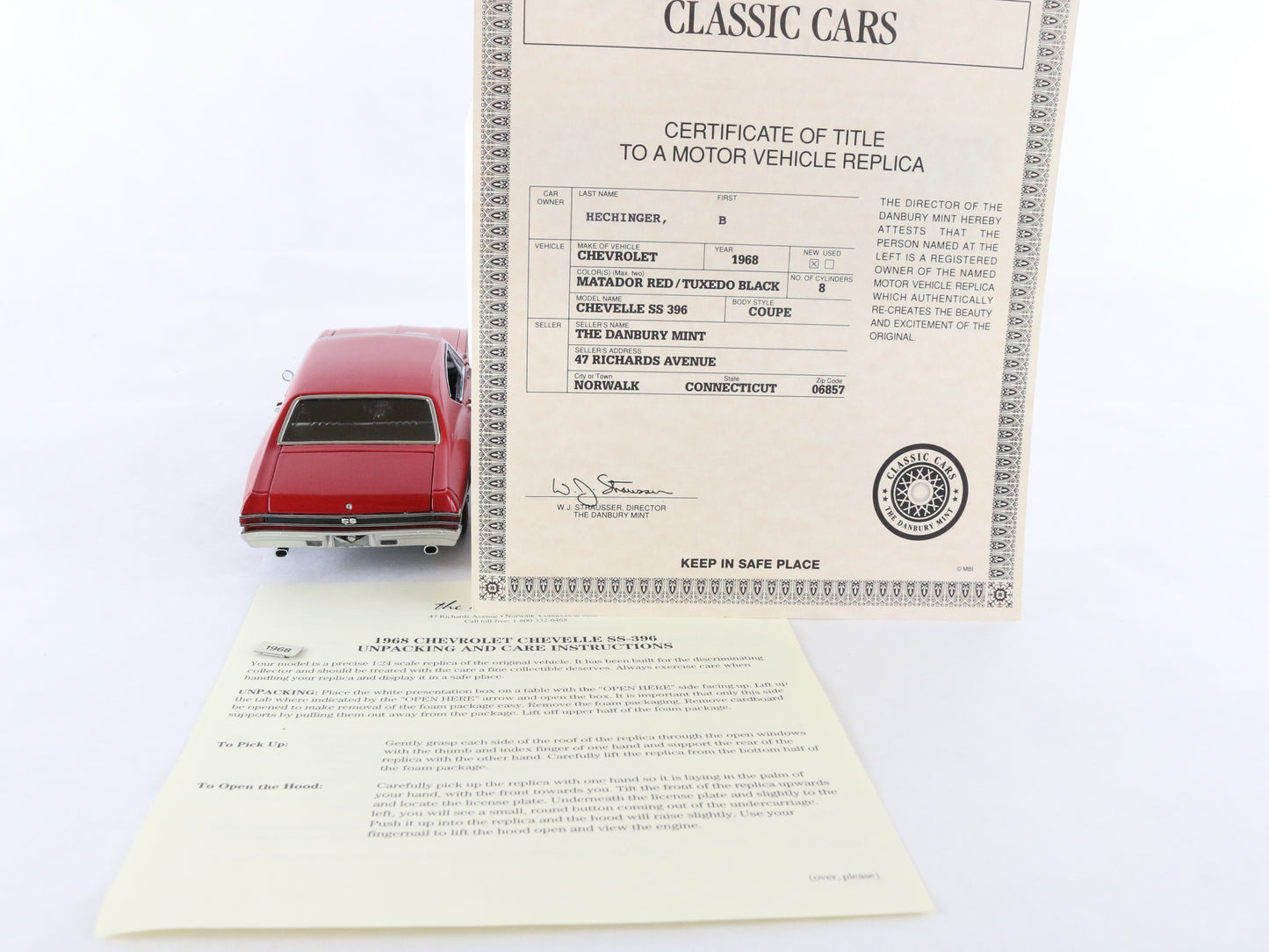 1968 Chevy Chevelle SS 396 Coupe Red Black Danbury Mint 1:24 Diecast Model