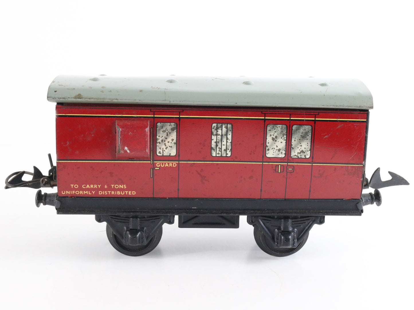Red Guard Passenger Wagon Hornby Meccano LMS O Model Train collectible tinplate coach with LMS branding