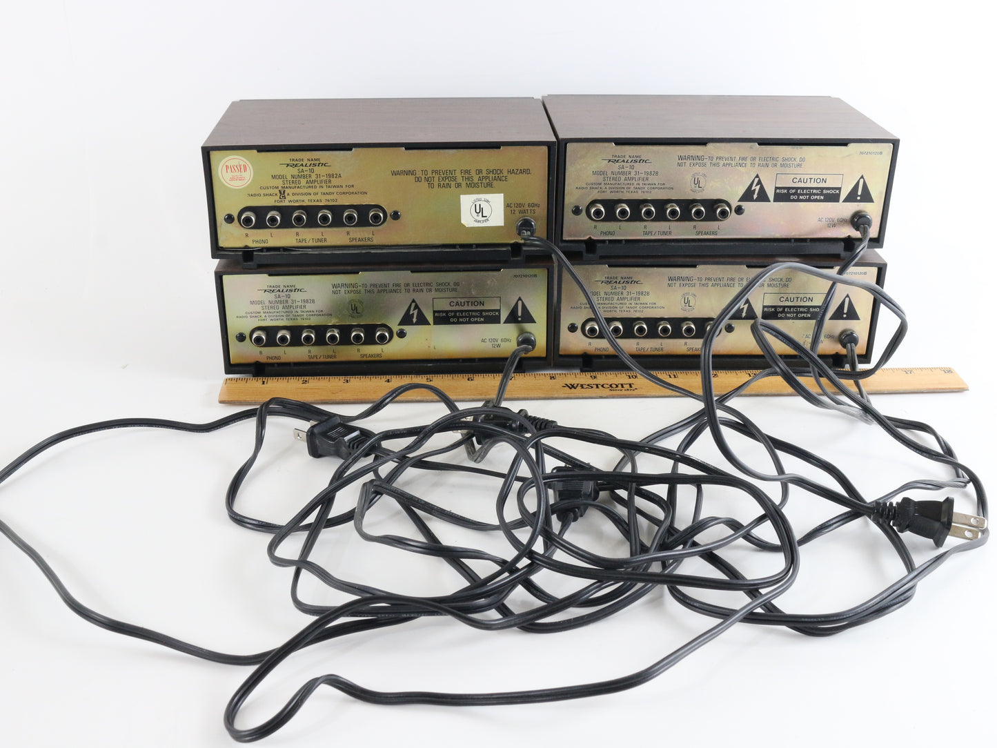 Lot Of 4x Realistic SA-10 Solid State Stereo Amplifiers + 4x 40-1250c Speakers classic audio gear for sound setups