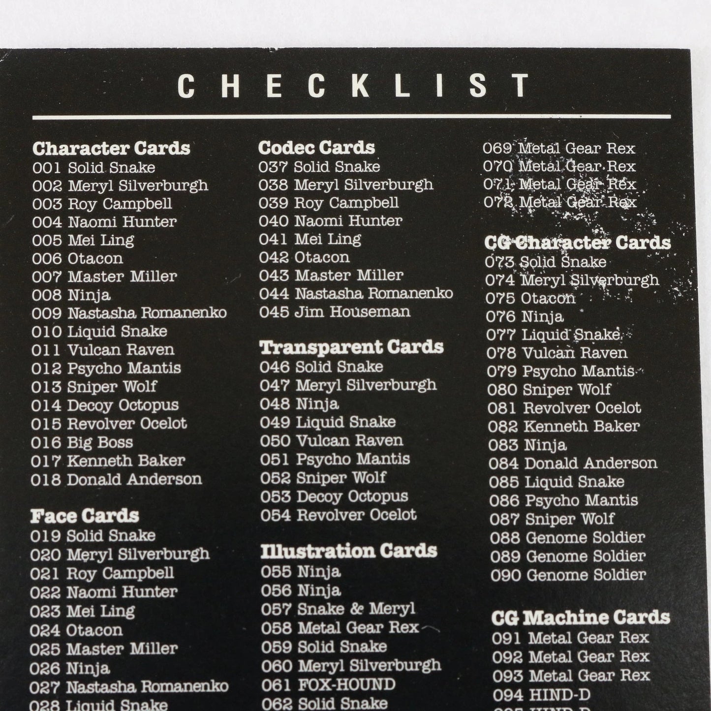 Metal Gear Solid Trading Card Checklist Liquid Snake Konami Playstation