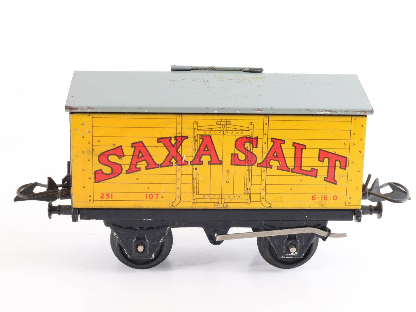 Hornby Meccano O LNER Saxa Salt Good Wagon Yellow & Gray Model Train distinctive branded salt wagon vintage
