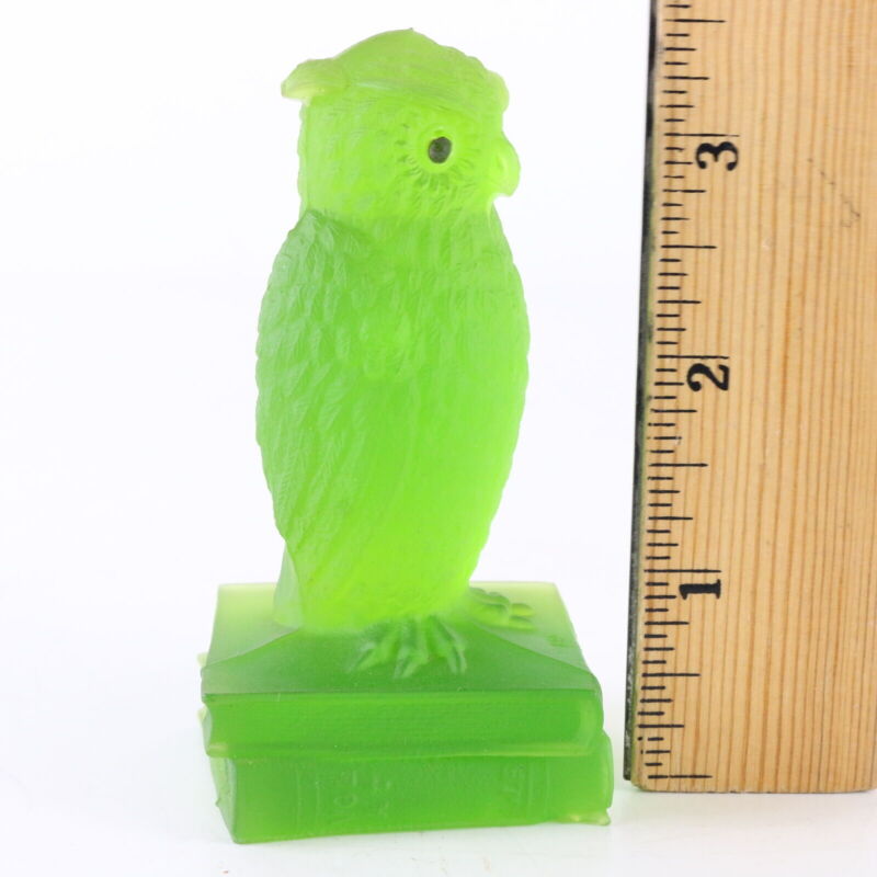 Vintage Frosted Green Westmoreland Glass Owl on Books Rhinestone Eyes 3.5"