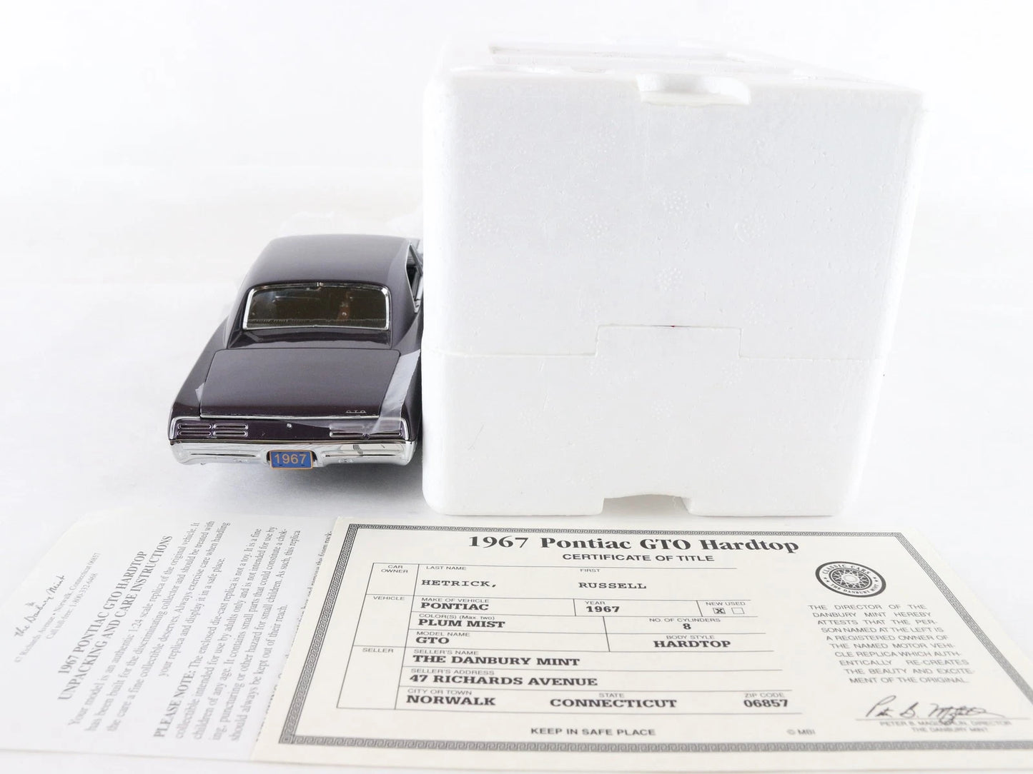 1967 Pontiac GTO Hardtop Plum Mist Purple Danbury Mint 1:24 Diecast Model
