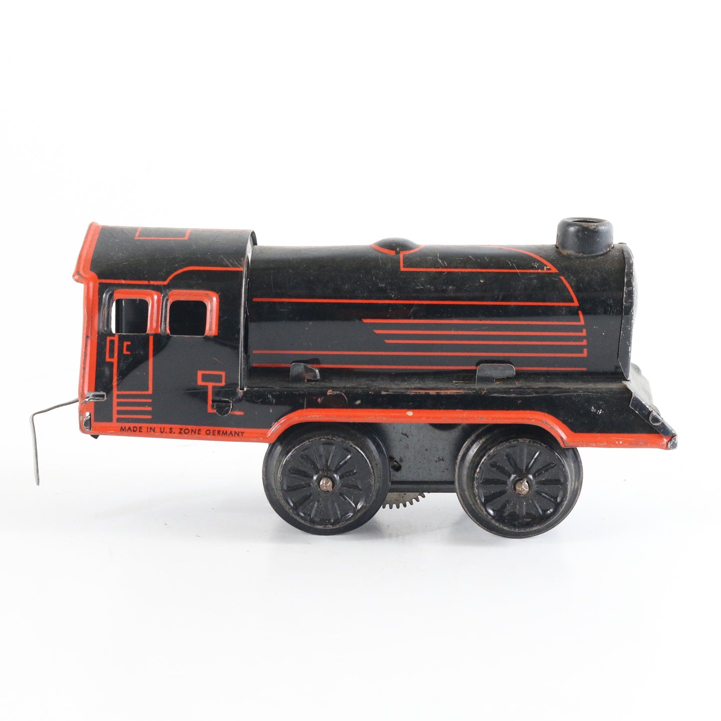 Red & Black Windup Tin Litho Steam Loco Engine US Zone Germany O Model Train postwar clockwork locomotive