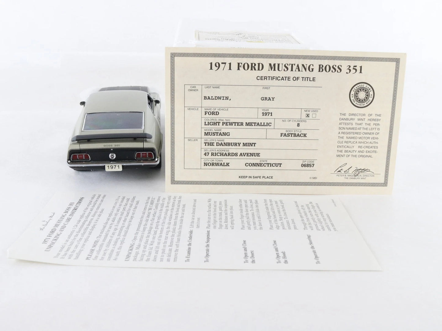 1971 Ford Mustang Boss 351 Fastback Metallic Pewter Danbury Mint 1:24 Diecast