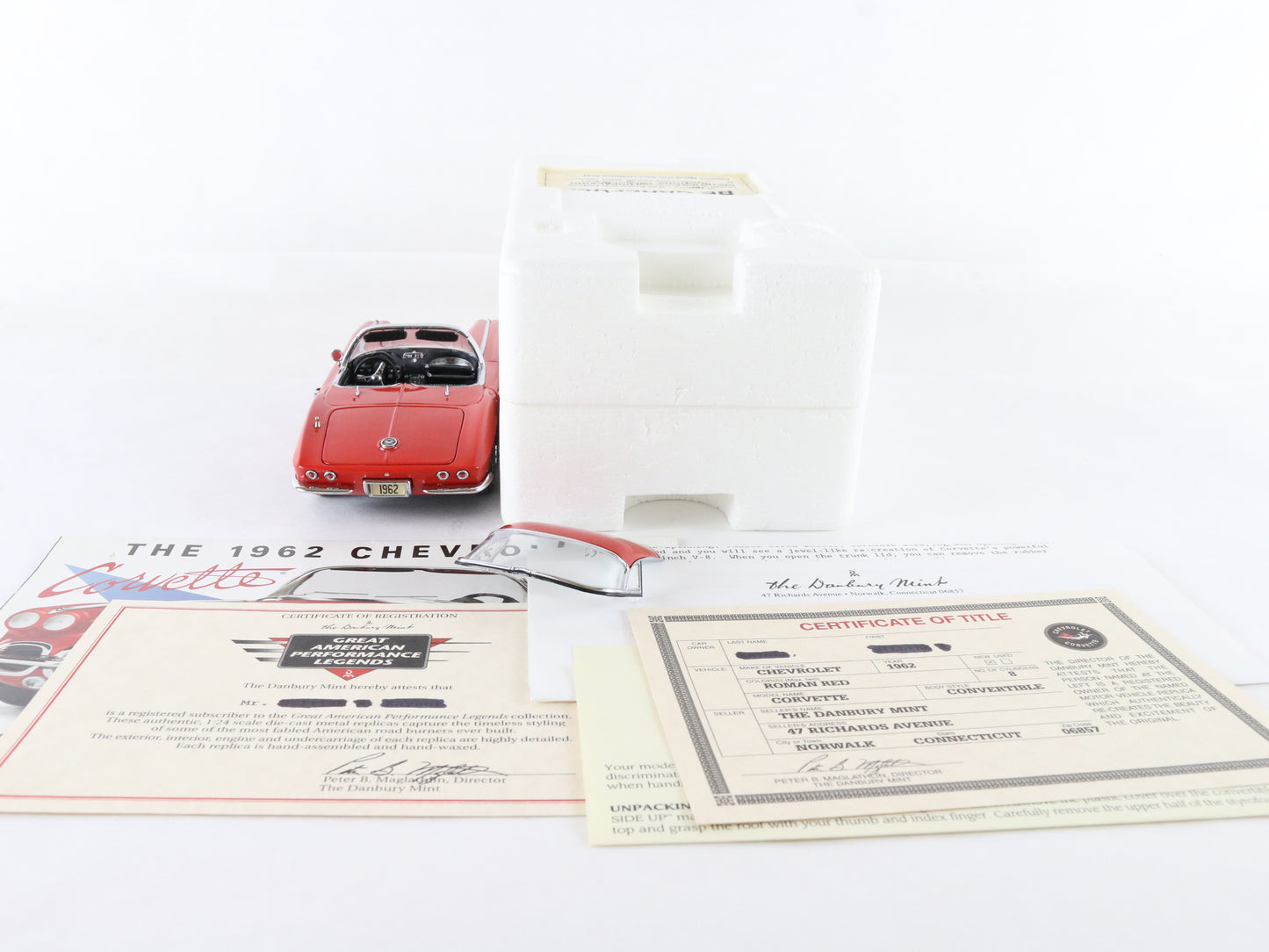 1962 Chevy Corvette Convertible Roman Red Danbury Mint 1:24 Diecast Model