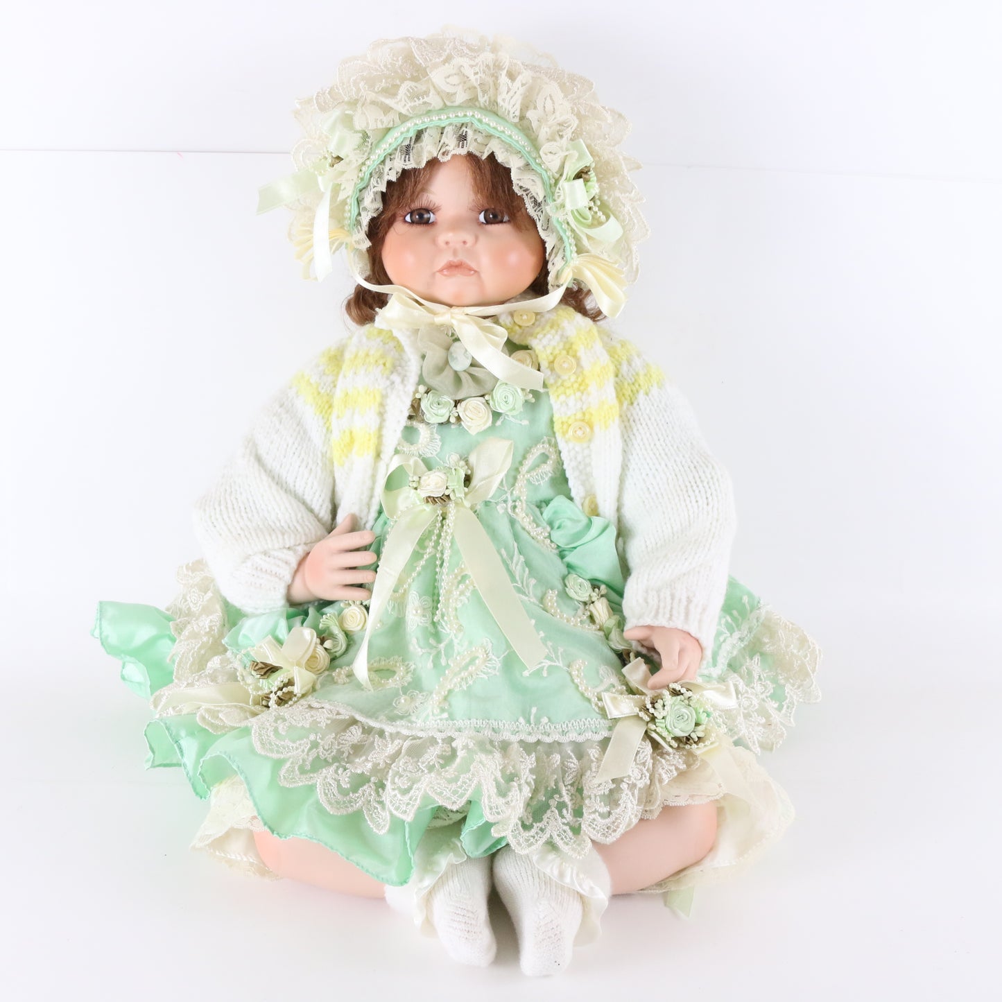 Kais Porcelain Doll Green Dress & Hat Girl Large 22" 310/2000