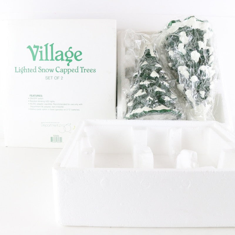 Dept 56 Village Set Of 2 Lighted Snow Capped Trees Christmas Accessories 52604