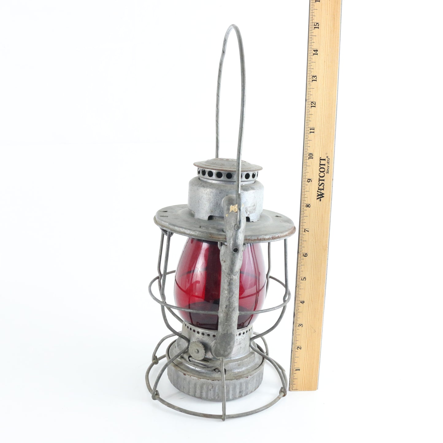 Vintage Dietz Vesta Railroad Lantern NY W/ Red Glass Globe 15" authentic rail lantern collectible hardware