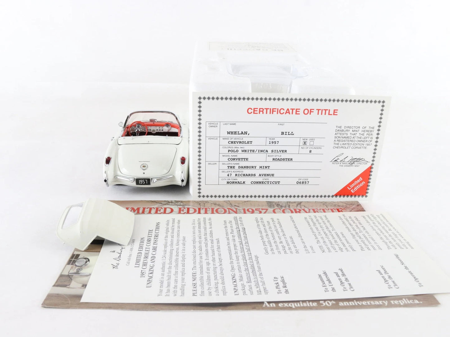 1957 Chevy Corvette Roadster Limited White Silver Danbury Mint 1:24 Diecast 2678