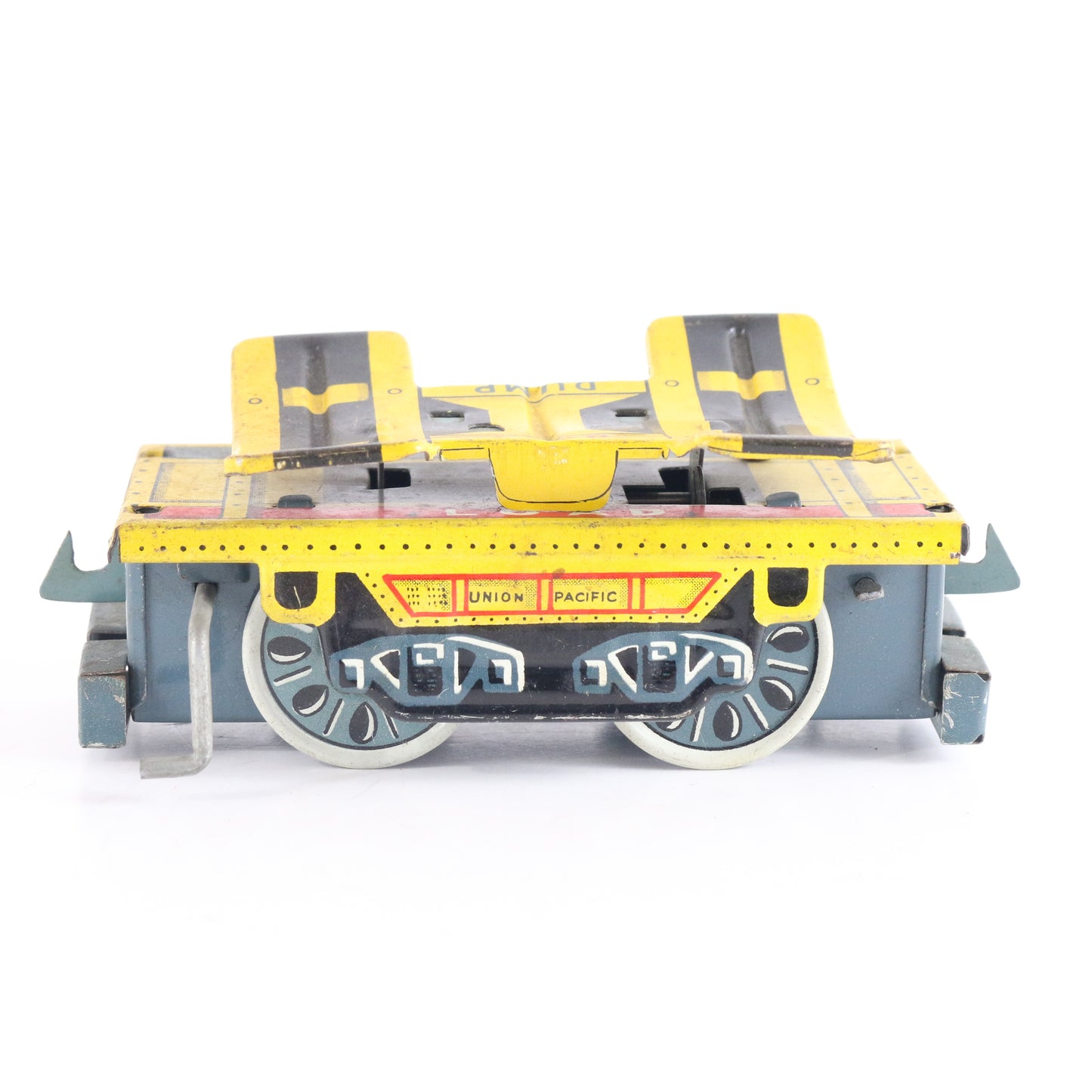 Vintage Union Pacific UP Yellow Tipping Dump Tin Litho Flat Car Japan 4.25" novelty UP dumping freight car