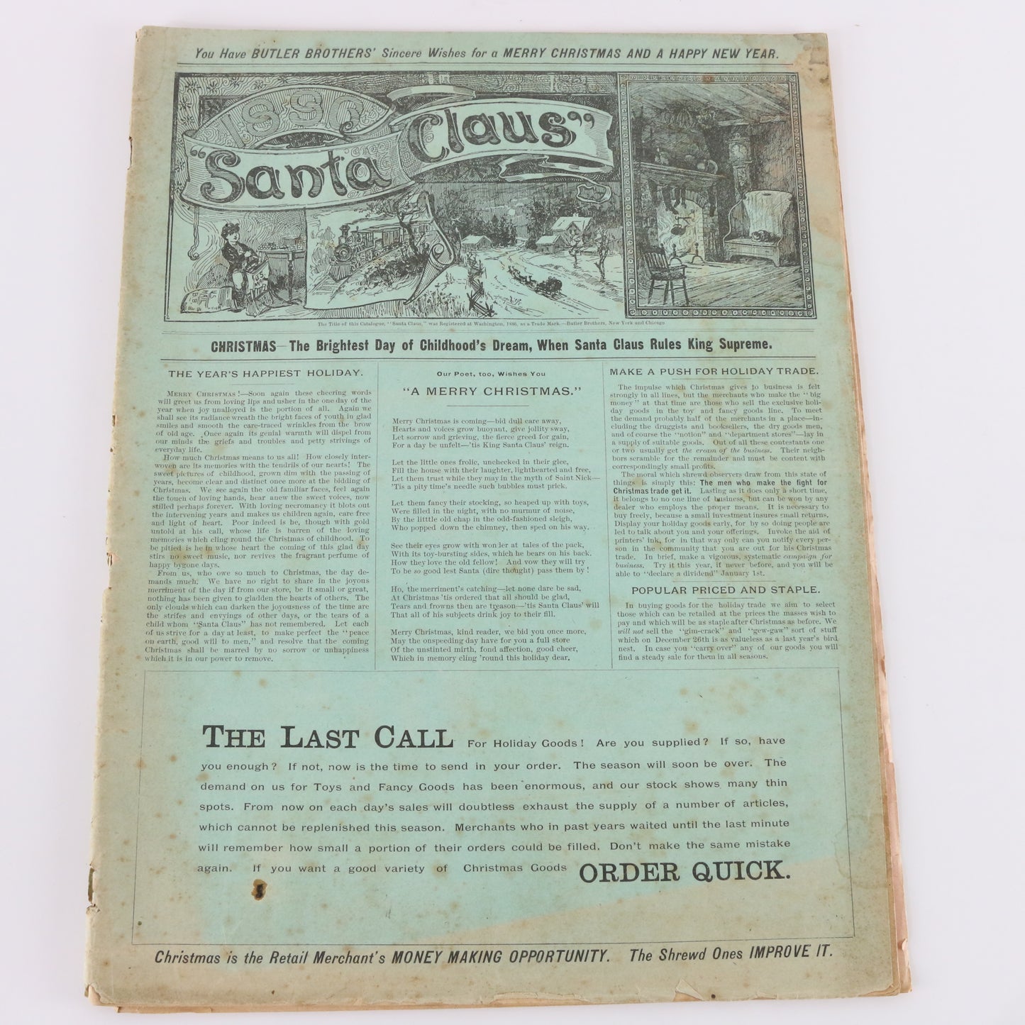 Antique 1886 Butler Brothers Santa Claus Merchants Holiday Catalog Original