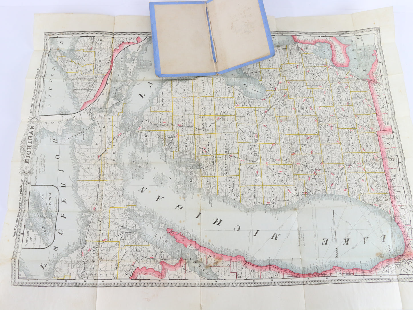 Vintage Crams Township & Railroad Map of Michigan by George Cram (1890s)