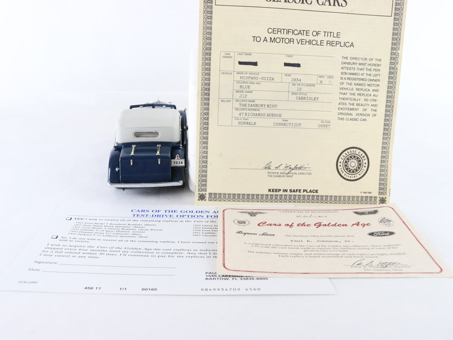 1934 Hispano Suiza J12 Blue White Cars Golden Age Danbury Mint 1:24 Diecast