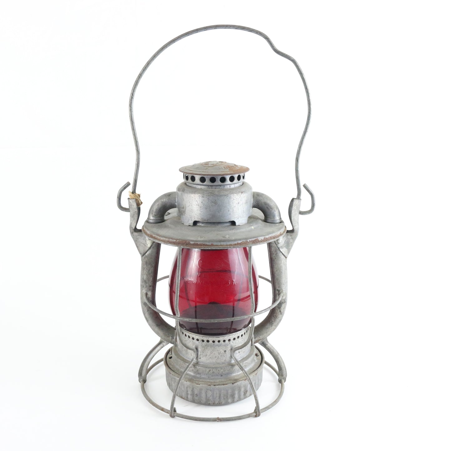 Vintage Dietz Vesta Railroad Lantern NY W/ Red Glass Globe 15" authentic rail lantern collectible hardware