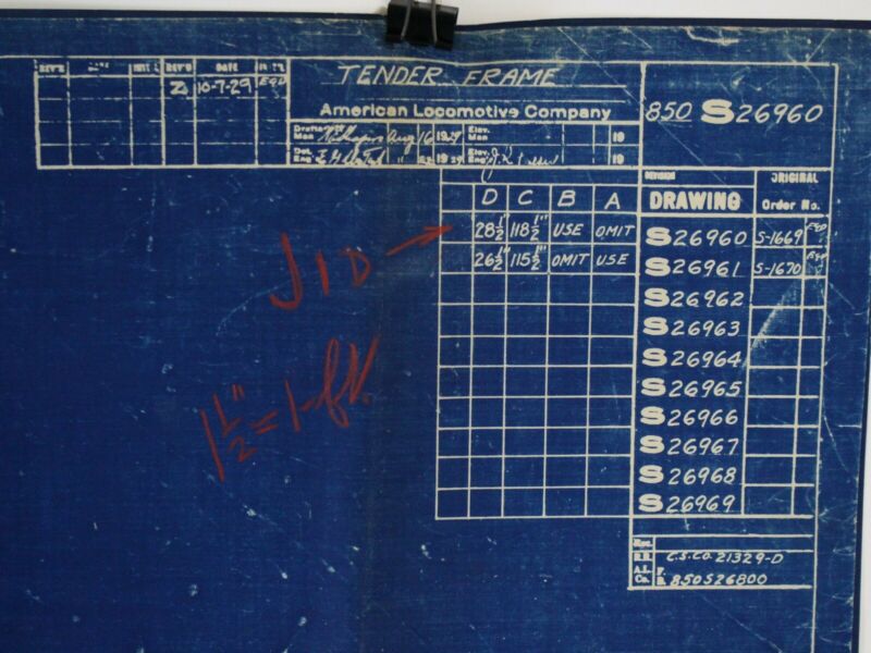 American Locomotive Company 850S26960 Tender Frame Blueprint 84"