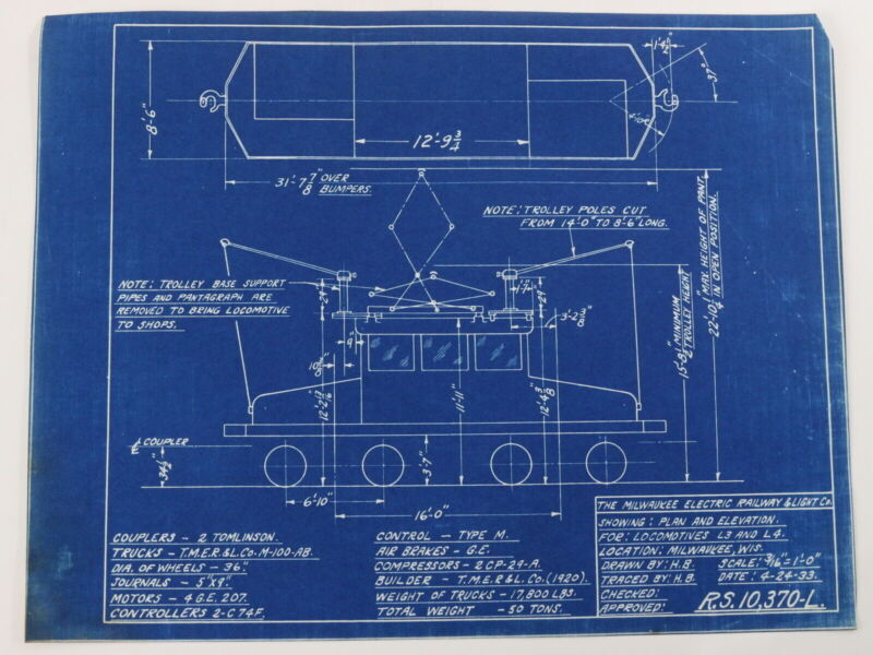 Milwaukee Electric Plan & Elevation Locomotive L3 L4 Trolley Blueprint 1933 11"