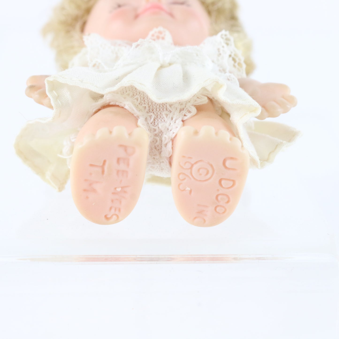 Vintage UDCO Pee Wees 1960s Blonde Blue Eyes Doll W/ White Dress Rubber 3.75"