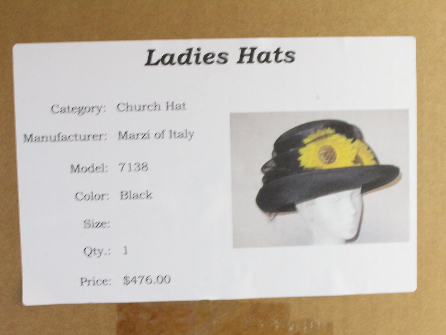 Marzi of Italy Ladies Black Handmade Boutique Hat W/ Sunflowers 6 7/8 55cm