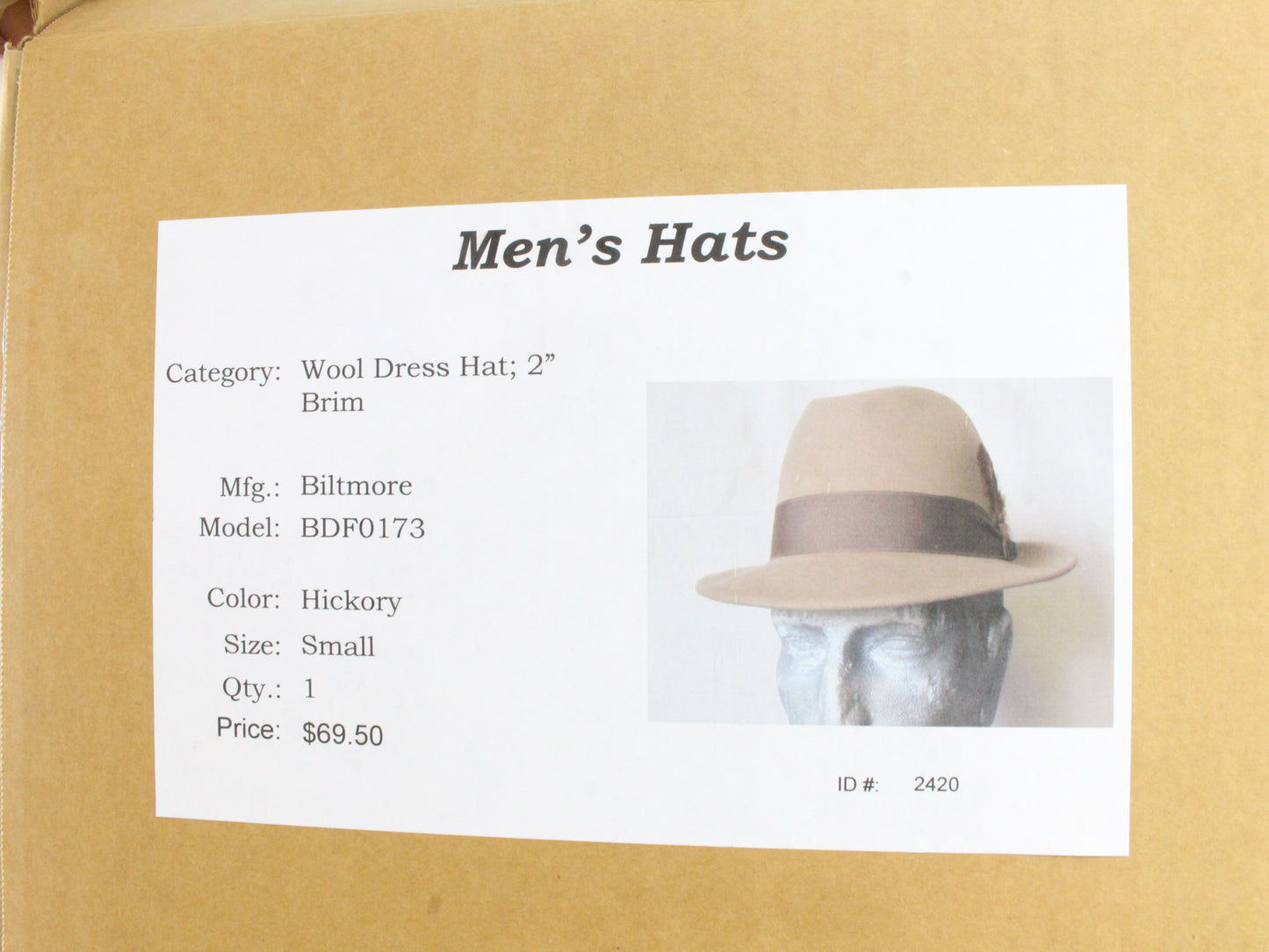 Biltmore Mens Vintage Hickory Tan Wool Felt Mens Vintage Dress Hat S