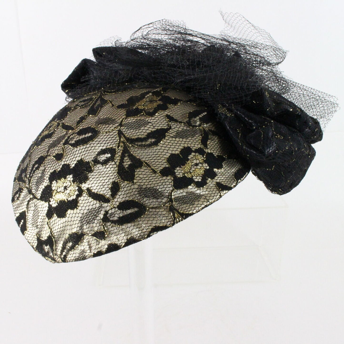 Vintage Lyda Black And Gold Lace Fancy Womens Hat 6 1/4 50cm