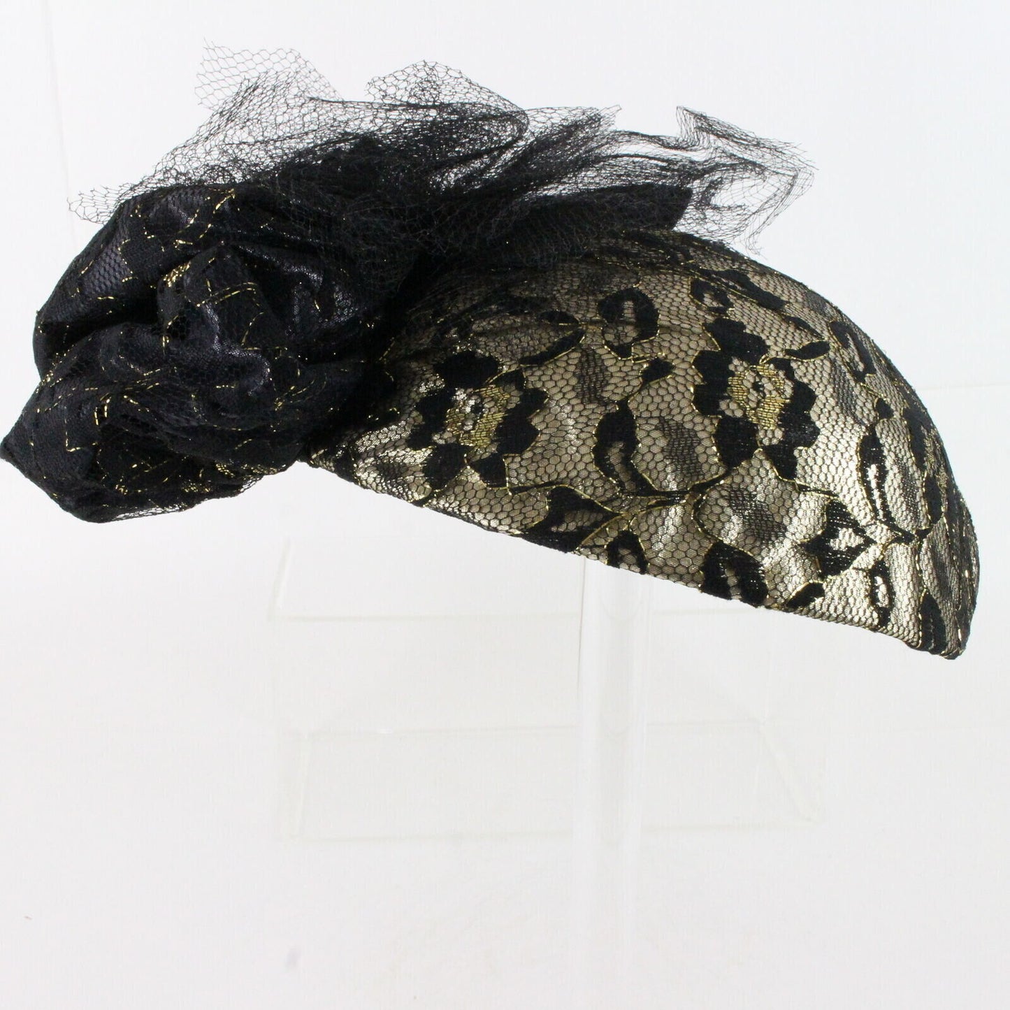 Vintage Lyda Black And Gold Lace Fancy Womens Hat 6 1/4 50cm