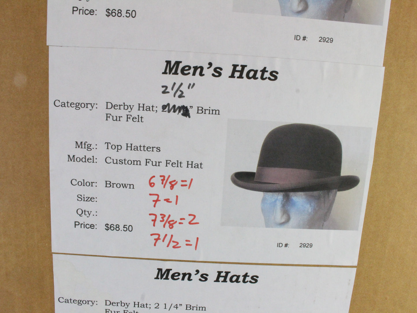 Top Hatters Mens Brown Genuine Fur Felt Derby Hat W/ Feather 6 7/8 55cm