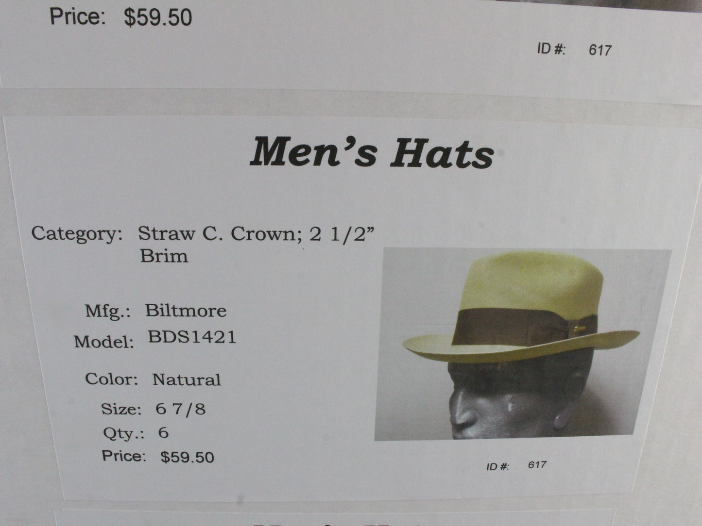 Biltmore Excello Mens Natural Straw C Crown Hat W/ Pin MULTIPLE SIZES