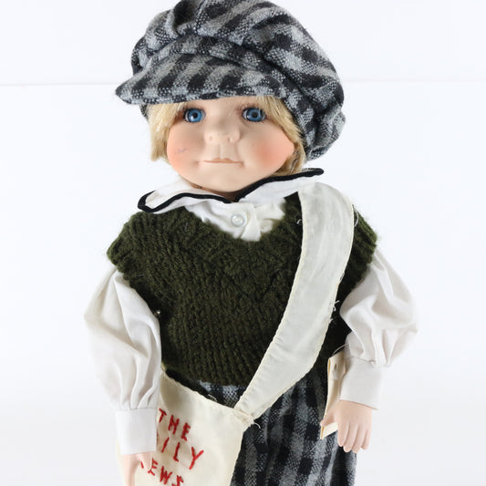 American Country Classics Daily News 15.5" Porcelain Doll W/ Clothes & Bag 11/50