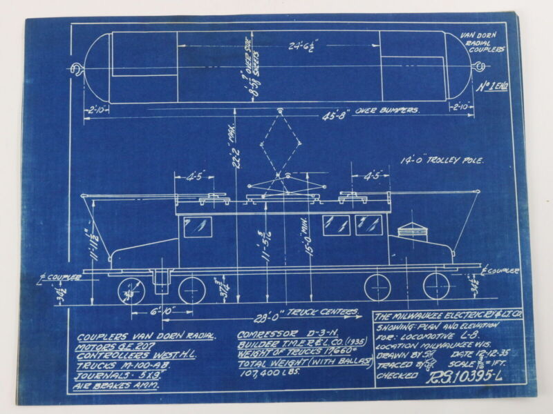 Milwaukee Electric Plan & Elevation Locomotive L-8 Blueprint 1935 11"