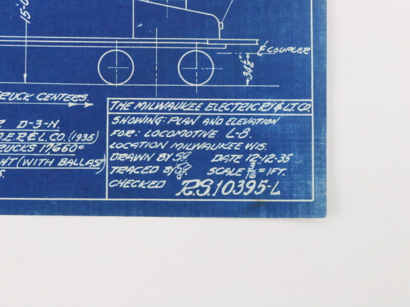 Milwaukee Electric Plan & Elevation Locomotive L-8 Blueprint 1935 11"