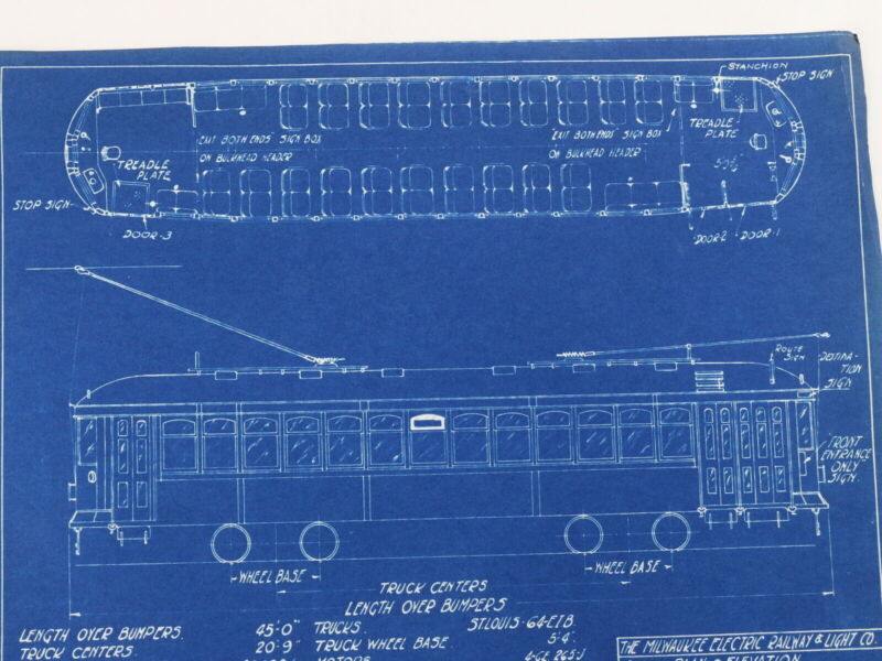 Milwaukee Electric Plan & Elevation Cars 965-974 Trolley Blueprint 1929 11"