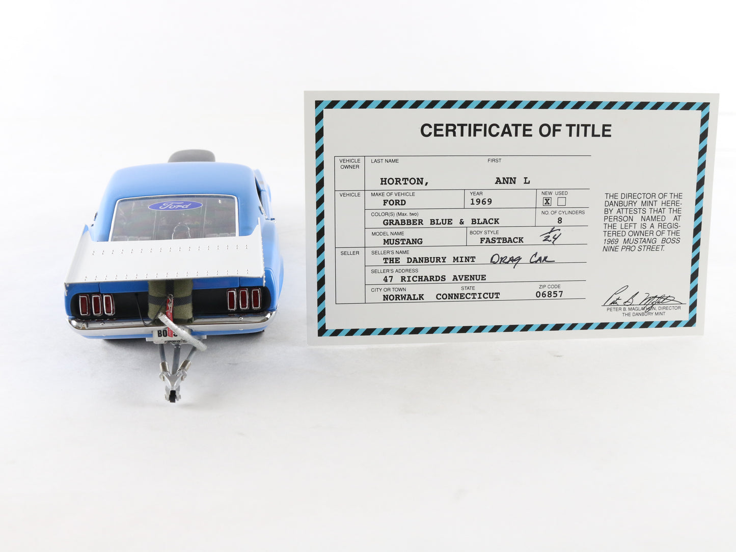 1969 Ford Mustang Boss Nine Pro Street Blue Black Danbury Mint 1:24 Model Car