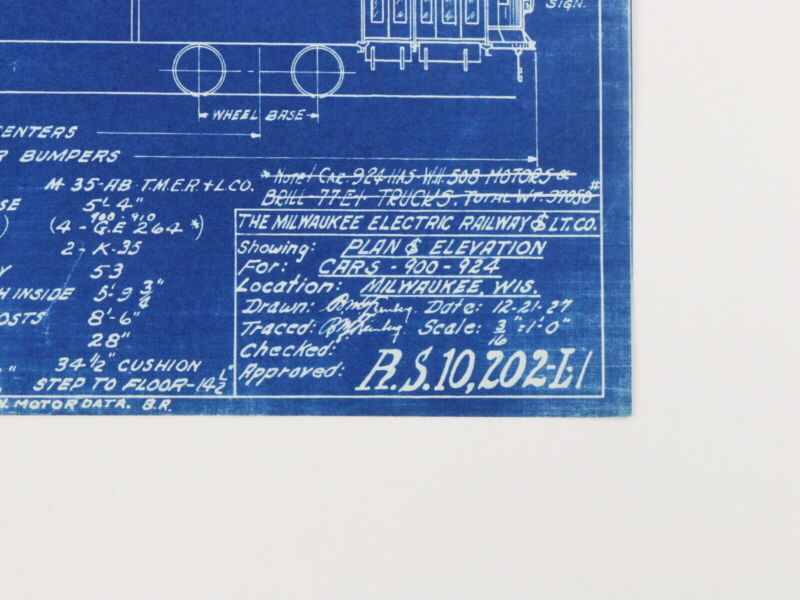 Milwaukee Electric Plan & Elevation Cars 900-924 Trolley Blueprint 1927 11"