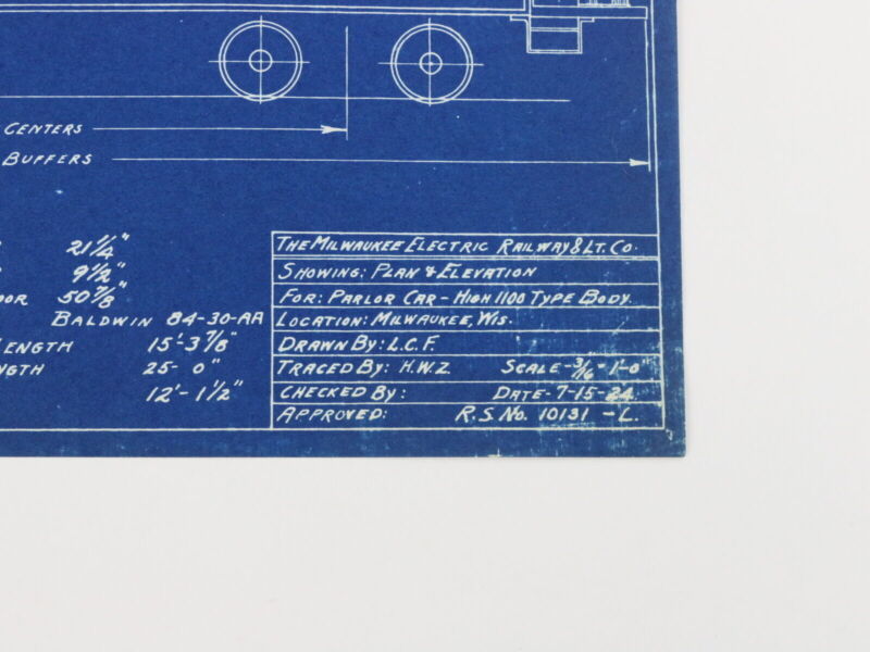 Milwaukee Electric Plan & Elevation Parlor Car Blueprint High 1100 ca. 1924 11"