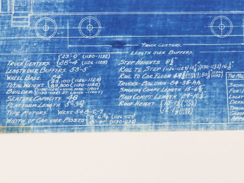 Milwaukee Electric Plan & Elevation Car 1126-1132 Trolley Blueprint 1924 11"