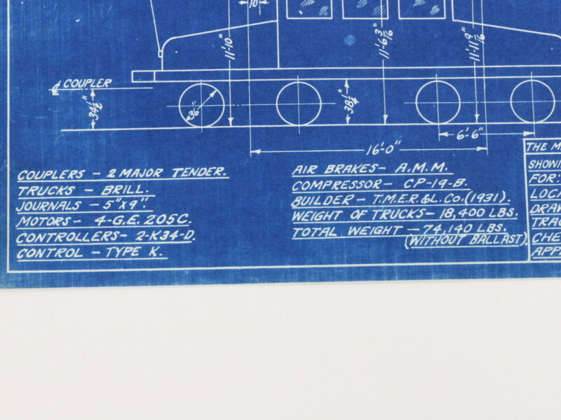 Milwaukee Electric Plan & Elevation L7 Locomotive Trolley Blueprint 1933 11"