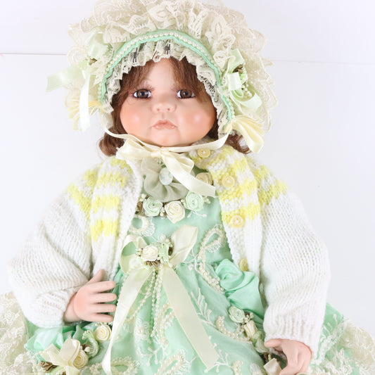 Kais Porcelain Doll Green Dress & Hat Girl Large 22" 310/2000