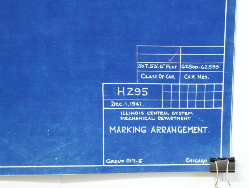 Illinois Central Marking Arrangement Train Flatcar Blueprint H295 Dated 1941 44"