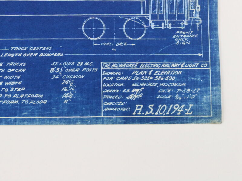 Milwaukee Electric Plan & Elevation Cars 511-525 -590 Trolley Blueprint 1927 11"