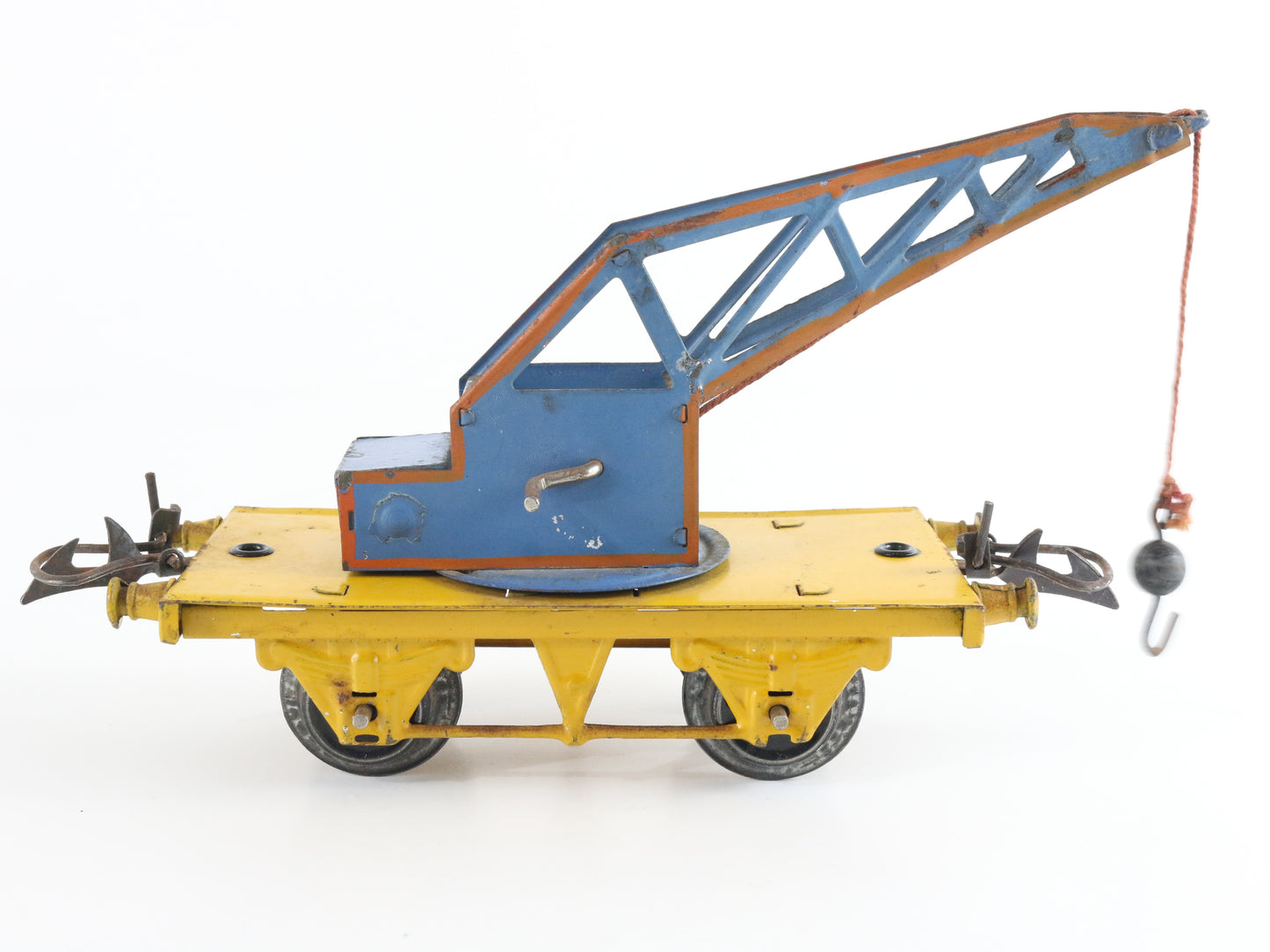 Hornby Meccano O Train Blue & Yellow Tinplate Breakdown Crane Car functional rescue crane car vintage set