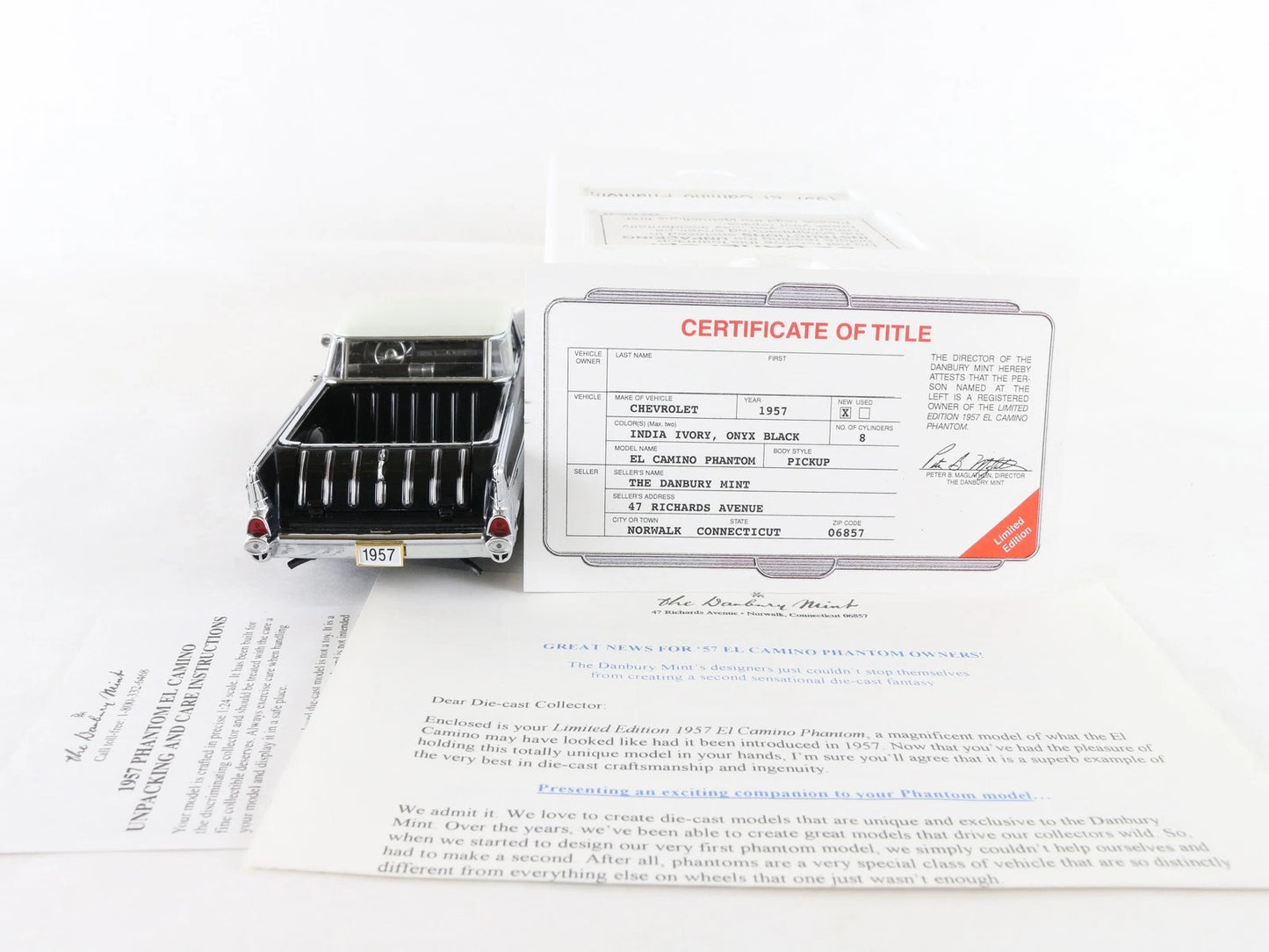 1957 Chevy El Camino Phantom Black White Danbury Mint 1:24 Diecast 109