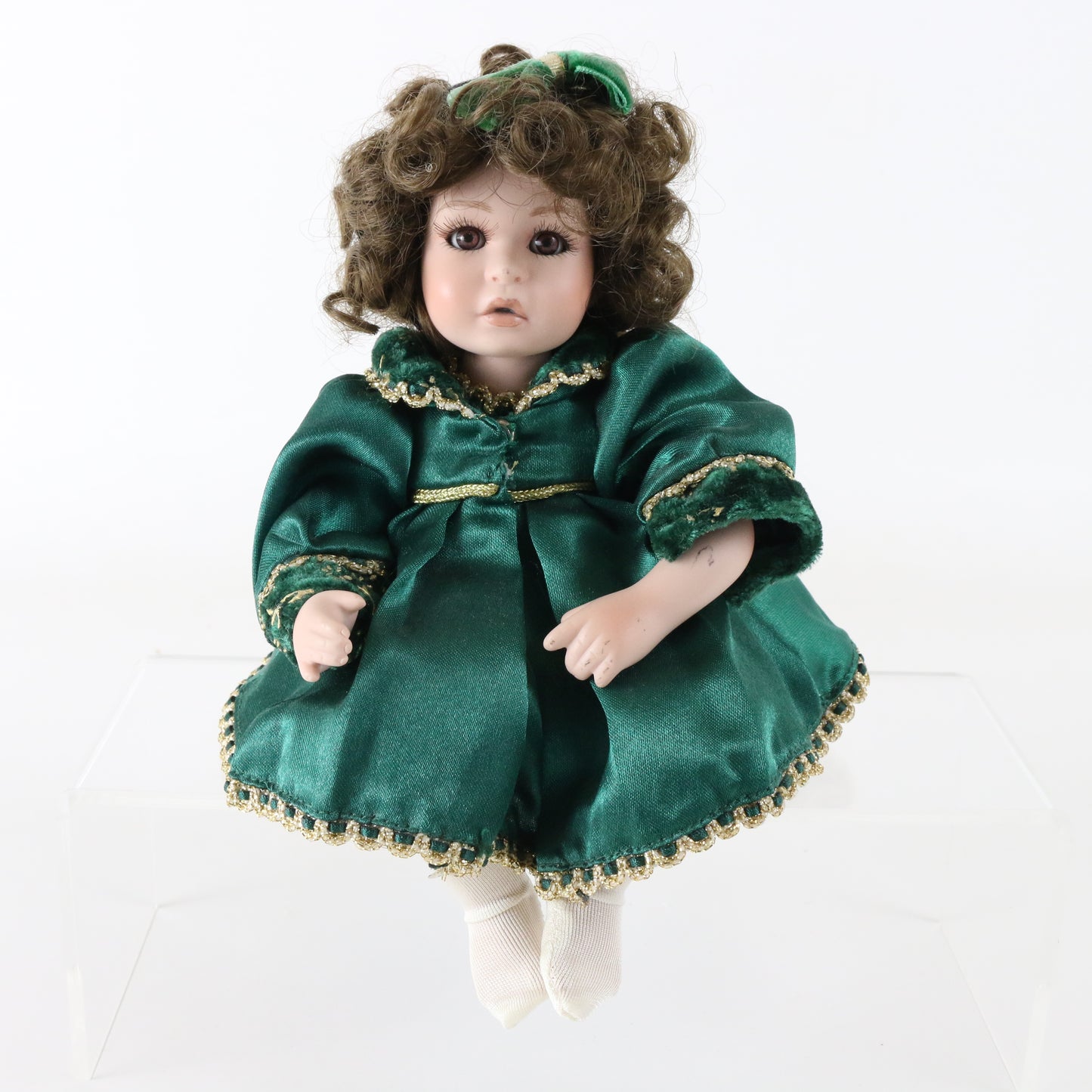 Tiny Tot Amaya Holiday Doll Marie Osmond 7" Porcelain Girl 219 W/ Green Dress