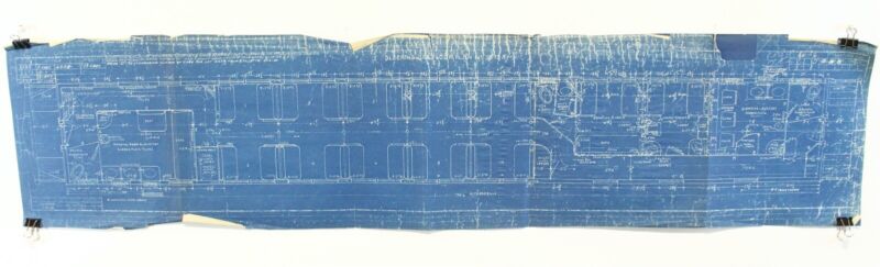 Vintage Train Blueprint of Overhead Passenegr Car View Smoking Room, Dining 42���