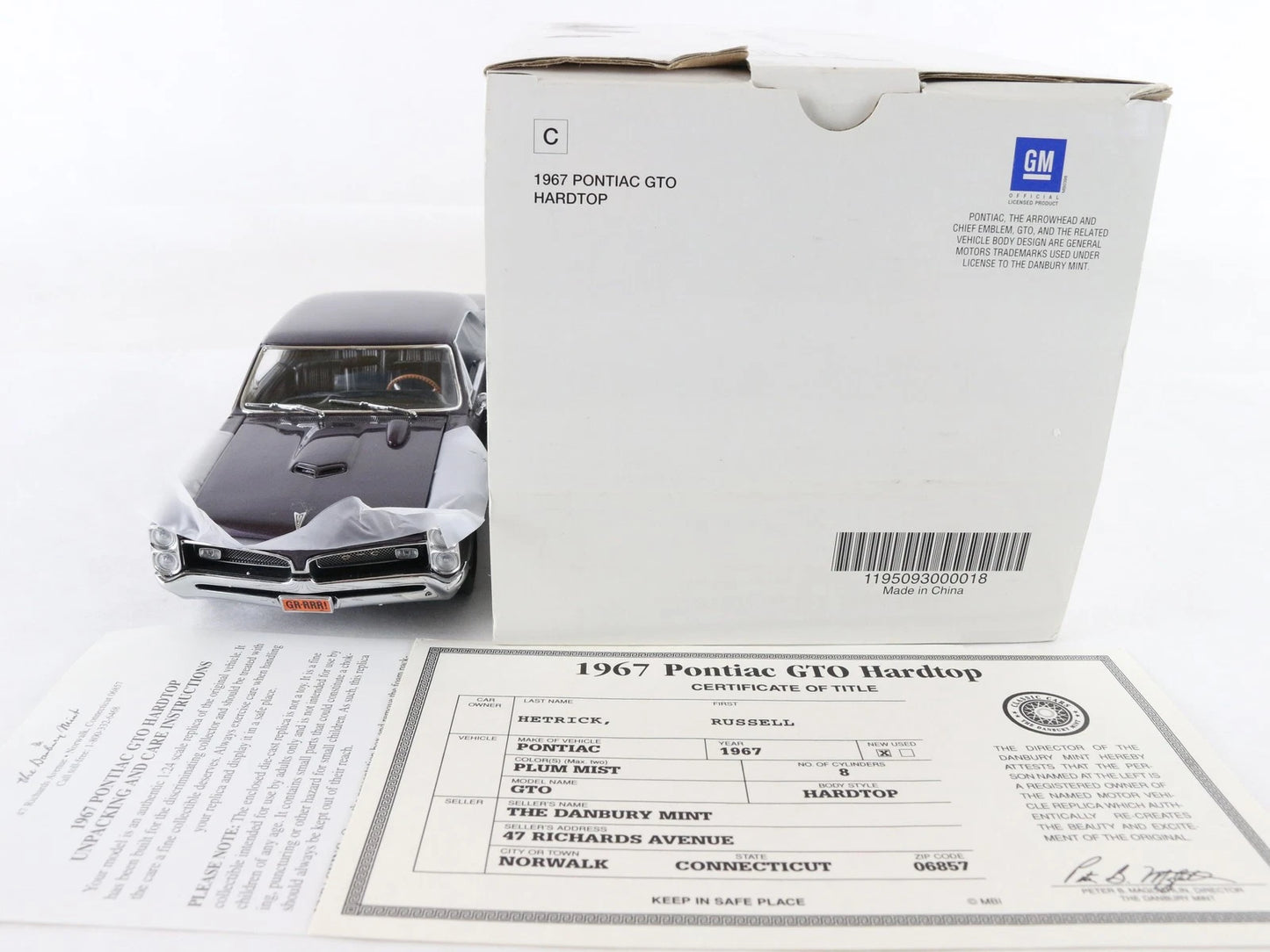 1967 Pontiac GTO Hardtop Plum Mist Purple Danbury Mint 1:24 Diecast Model