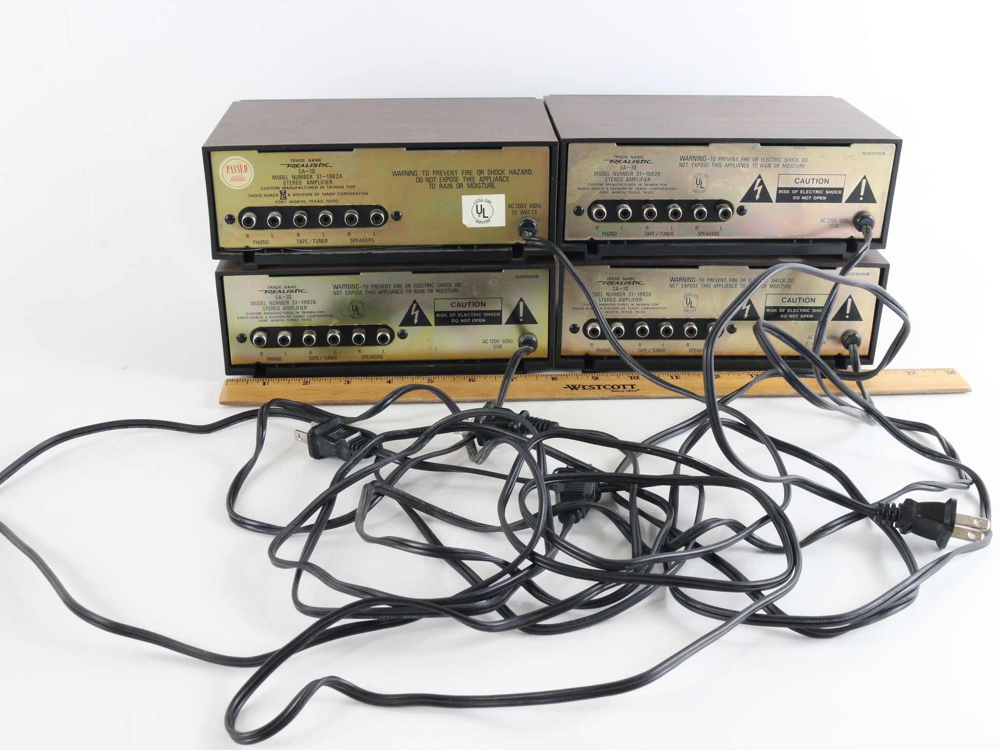 Lot Of 4x Realistic SA-10 Solid State Stereo Amplifiers + 4x 40-1250c Speakers classic audio gear for sound setups