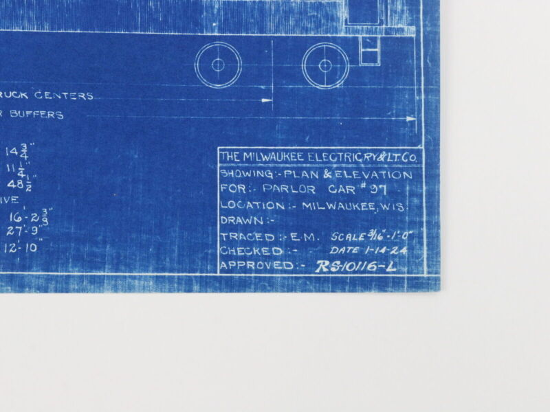Milwaukee Electric Plan & Elevation Parlor Car 97 Trolley Blueprint 1924 11"