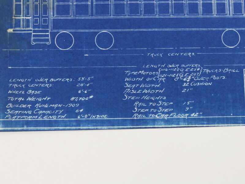 Milwaukee Electric Plan & Elevation Cars 1121-1125 Trolley Blueprint 1922 11.25"