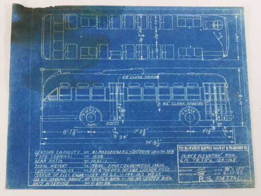 Milwaukee Electric Plan & Elevation Gm TR TRS 124-163 Trolley Blueprint 1949 11"