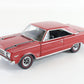 A red die-cast model car, resembling a classic American muscle car, shown from a three-quarters front angle on a clean white background.